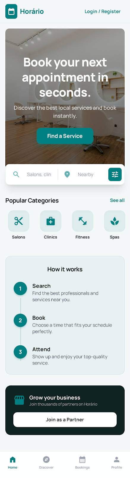 Horario Appointment Booking & Scheduling System - Mobile app screenshot 1 - iOS, Android React app