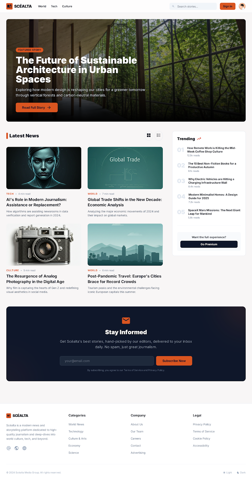 Scealta News & Blog Publishing Platform - Web platform screenshot 1 - Next.js, TypeScript development