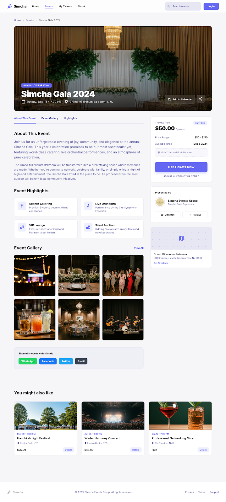 Simcha Event Management & Ticketing Platform - Web platform screenshot 2 - React, TypeScript development