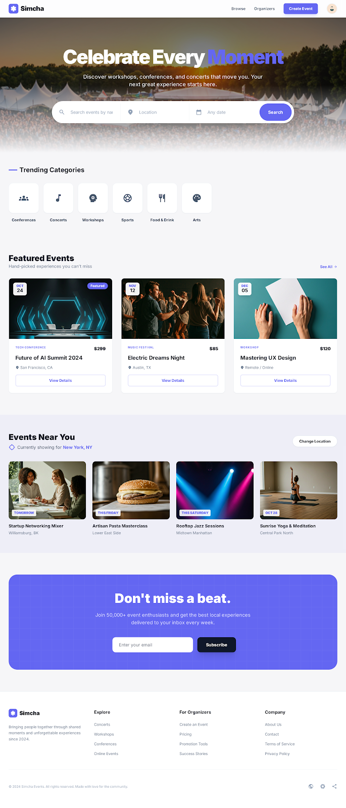 Simcha Event Management & Ticketing Platform - Web platform screenshot 1 - React, TypeScript development